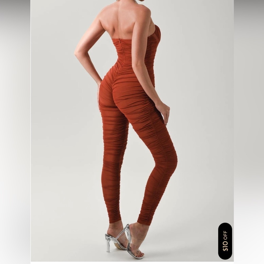 Strapless Ruched Jumpsuit in Rust - Picture 3 of 14